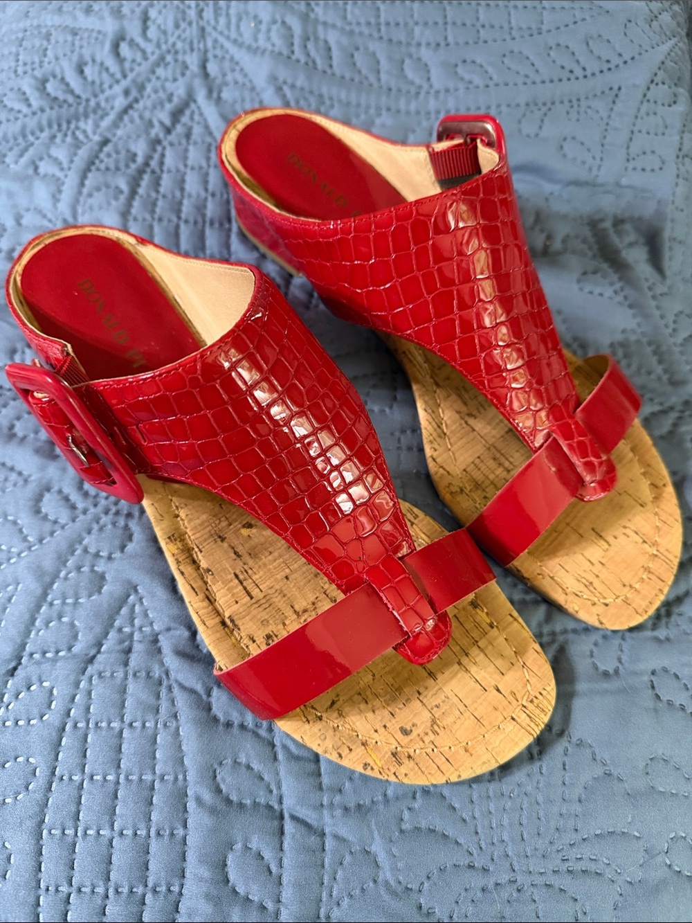 Donald J. Pliner Red Patent Croc-Embossed Cork Wedge Sandals - Sz 9.